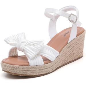 image:imageWide Width Wedge Sandals for Women Ankle Strap Cute Bowknot Open Toe Summer Shoes Platform Espadrille Wedge Dressy Women SandalsWhite 9001