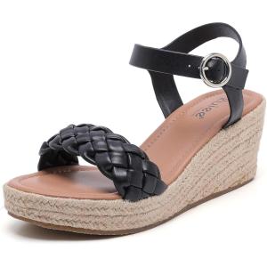image:imageWide Width Wedge Sandals for Women Braided Ankle Strap Buckle Open Toe Summer Shoes Platform Espadrille Wedge Beach Women SandalsBlack 0903