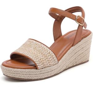 image:imageWide Width Wedge Sandals for Women Braided Ankle Strap Buckle Open Toe Summer Shoes Platform Espadrille Wedge Beach Women SandalsBrown 1103