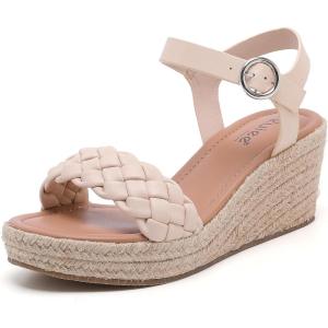 image:imageWide Width Wedge Sandals for Women Braided Ankle Strap Buckle Open Toe Summer Shoes Platform Espadrille Wedge Beach Women SandalsNude 0903