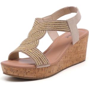 image:imageWide Width Wedge Sandals for Women Comfortable Ankle Strap Open Toe Summer Shoes Platform Wedge Dressy Women SandalsBeige 8012