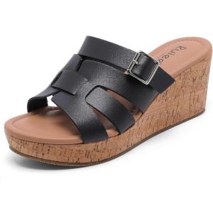 image:imageWide Width Wedge Sandals for Women Summer Platform Comfort Slip on Sandal Casual Outdoor Womens SandalsBlack 8013