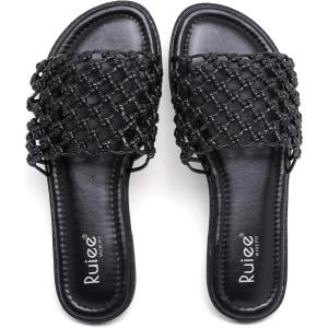 image:imageWide Width Sandals for Women Summer Wide Feet Slides Sandal Casual Flat Slides Comfort Braided Slip on Sandals Beach Shoes for WomenBlack Pu 774