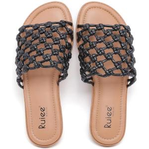 image:imageWide Width Sandals for Women Summer Wide Feet Slides Sandal Casual Flat Slides Comfort Braided Slip on Sandals Beach Shoes for WomenBlack Pu 8008
