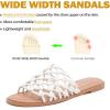 image:imageRuiee Wide Width Sandals for Women Summer Wide Feet Slides Sandal Casual Flat Slides Comfort Braided Slip on Sandals Beach Shoes for WomenWhite Pu 8008