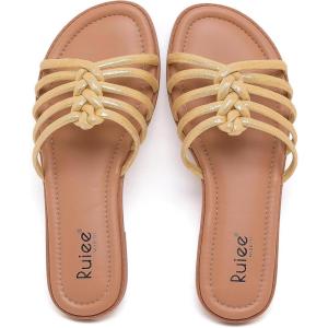 image:imageRuiee Wide Width Sandals for Women Summer Wide Feet Flat Slides Sandals Casual Comfort Strap Slip on Sandals Open Toe Beach Womens SandalGold Pu 8006