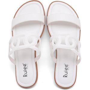 image:imageRuiee Wide Width Sandals for Women Summer Wide Feet Flat Slides Sandals Casual Comfort Strap Slip on Sandals Open Toe Beach Womens SandalWhite Pu 8007