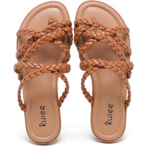 image:imageRuiee Wide Width Sandals for Women Summer Wide Feet Flip Flops Flat Slide Sandals Casual Braided Slides Comfort Slip on Thong Womens Beach SandalBrown Pu 780