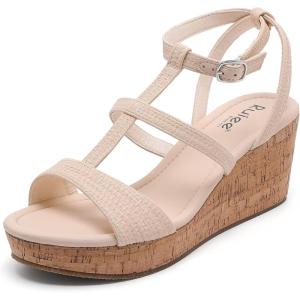 image:imageRuiee Wide Width Wedge Sandals for Women Comfortable Ankle Strap Open Toe Summer Shoes Platform Wedge Dressy Women SandalsNude 8001