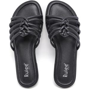 image:imageRuiee Wide Width Sandals for Women Summer Wide Feet Flat Slides Fashion Casual Comfort Strap Slip on Open Toe Breathable Beach ShoesBlack Pu 8006