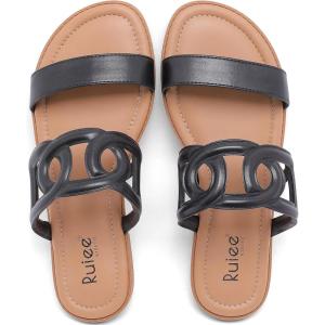 image:imageRuiee Wide Width Sandals for Women Summer Wide Feet Flat Slides Fashion Casual Comfort Strap Slip on Open Toe Breathable Beach ShoesBlack Pu 8007