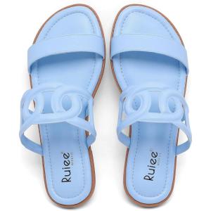 image:imageRuiee Wide Width Sandals for Women Summer Wide Feet Flat Slides Fashion Casual Comfort Strap Slip on Open Toe Breathable Beach ShoesBlue Pu 8007