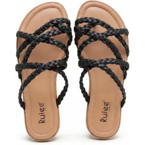 image:imageRuiee Wide Width Sandals for Women Summer Wide Feet Flip Flops Flat Slides Casual Braided Comfort Slip on Breathable Thong Cute SandalBlack Pu 780