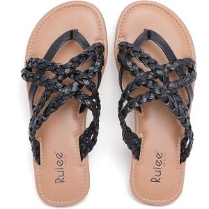 image:imageRuiee Wide Width Sandals for Women Summer Wide Feet Flip Flops Flat Slides Casual Braided Comfort Slip on Breathable Thong Cute SandalBlack Pu 8009