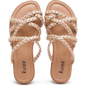 image:imageRuiee Wide Width Sandals for Women Summer Wide Feet Flip Flops Flat Slides Casual Braided Comfort Slip on Breathable Thong Cute SandalGold Pu 780
