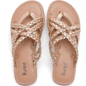image:imageRuiee Wide Width Sandals for Women Summer Wide Feet Flip Flops Flat Slides Casual Braided Comfort Slip on Breathable Thong Cute SandalGold Pu 8009