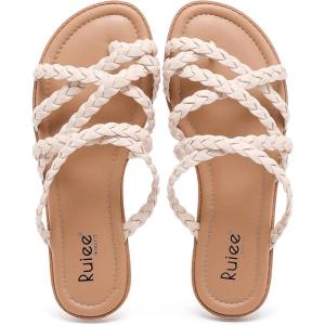 image:imageRuiee Wide Width Sandals for Women Summer Wide Feet Flip Flops Flat Slides Casual Braided Comfort Slip on Breathable Thong Cute SandalNude Pu 780