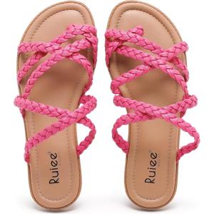 image:imageRuiee Wide Width Sandals for Women Summer Wide Feet Flip Flops Flat Slides Casual Braided Comfort Slip on Breathable Thong Cute SandalPink Pu 780