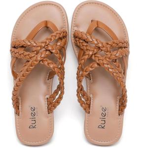 image:imageRuiee Wide Width Sandals for Women Summer Wide Feet Flip Flops Flat Slides Casual Braided Comfort Slip on Breathable Thong Cute SandalTan Pu 8009