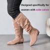image:imageRuiee Womens Extra Wide Calf Knee High Boots True Wide Width Long Slouchy Boots for Ladies Low Flat Heel Casual Combat Tall Boots for WomenBeige Mf 368