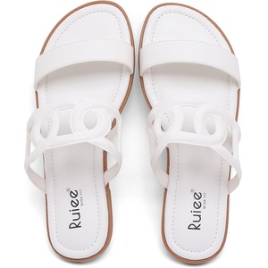 image:imageRuiee Wide Width Sandals for Women Summer Flat Slides Casual Braided Wide Feet Sandal Comfort Slip on Sandals Open Toe Beach Shoes for WomenWhite Pu 8007