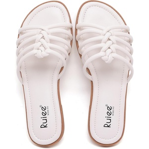 image:imageRuiee Wide Width Sandals for Women Summer Flat Slides Casual Braided Wide Feet Sandal Comfort Slip on Sandals Open Toe Beach Shoes for WomenWhite Pu 8006