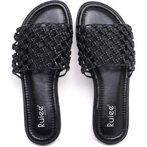image:imageRuiee Wide Width Flat Sandals for Women  Wide Width Sandals XWide Feet Slides Summer Braided Flat Slides Versatile Fashion ComfortBlack Pu 774