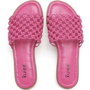 image:imageRuiee Wide Width Flat Sandals for Women  Wide Width Sandals XWide Feet Slides Summer Braided Flat Slides Versatile Fashion ComfortPink Pu 774