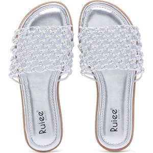 image:imageRuiee Wide Width Flat Sandals for Women  Wide Width Sandals XWide Feet Slides Summer Braided Flat Slides Versatile Fashion ComfortSliver Pu 774