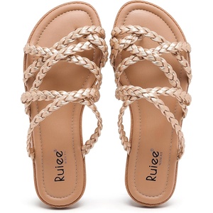 image:imageRuiee Wide Width Sandals for Women Summer Wide Feet Flip Flops Flat Slides Casual Braided Comfort Slip on Breathable Cute SandalGold Pu 780
