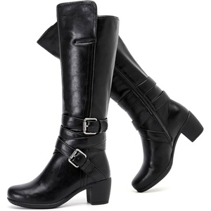 image:imageRuiee Womens Knee High Boots Fall Winter Heeled Boot  Chunky Heel Casual Versatile Lug Sole Comfort Faux Leather Round ToeBlack Lpu 303