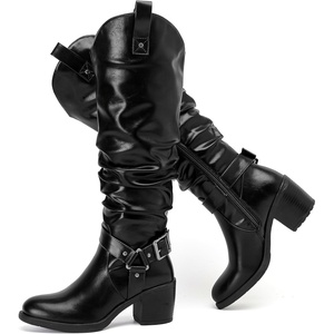 image:imageRuiee Womens Knee High Boots Fall Winter Heeled Boot  Chunky Heel Casual Versatile Lug Sole Comfort Faux Leather Round ToeBlack Pu 266