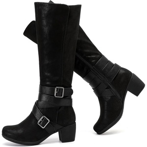 image:imageRuiee Womens Knee High Boots Fall Winter Heeled Boot  Chunky Heel Casual Versatile Lug Sole Comfort Faux Leather Round ToeBlack Zpu 304