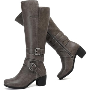 image:imageRuiee Womens Knee High Boots Fall Winter Heeled Boot  Chunky Heel Casual Versatile Lug Sole Comfort Faux Leather Round ToeGrey Lpu 303