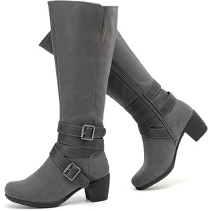 image:imageRuiee Womens Knee High Boots Fall Winter Heeled Boot  Chunky Heel Casual Versatile Lug Sole Comfort Faux Leather Round ToeGrey Zpu 304