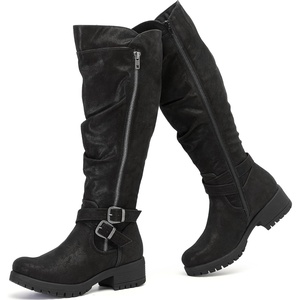 image:imageRuiee Womens Knee High Boots Fall Winter Fashion Boot  Riding Casual Versatile Comfort Stylish Lug Sole Faux Leather Round Toe Side ZipperBlack Pu 005