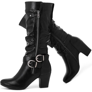 image:imageRuiee Womens Knee High Boots Fall Winter Heeled Boot231128 BK LPU 6  Chunky Heel Slouchy Casual Versatile Lug Sole Comfort Faux Leather Round ToeBlack Lpu 1128
