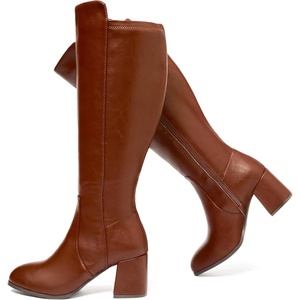image:imageRuiee Extra Wide Calf Heeled Knee High Boots for Women  XWide Calf True Wide Width Gogo Boots Chunky Heeled Plus Size Classic VersatileBrown Pu 370