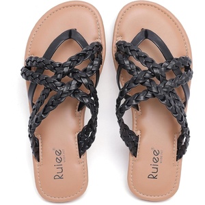 image:imageRuiee Womens Wide Width Falt Braided Sandals  Wide Width Sandals XWide Flip Flops Summer Comfort Slip On Slides BreathableBlack Pu 8009